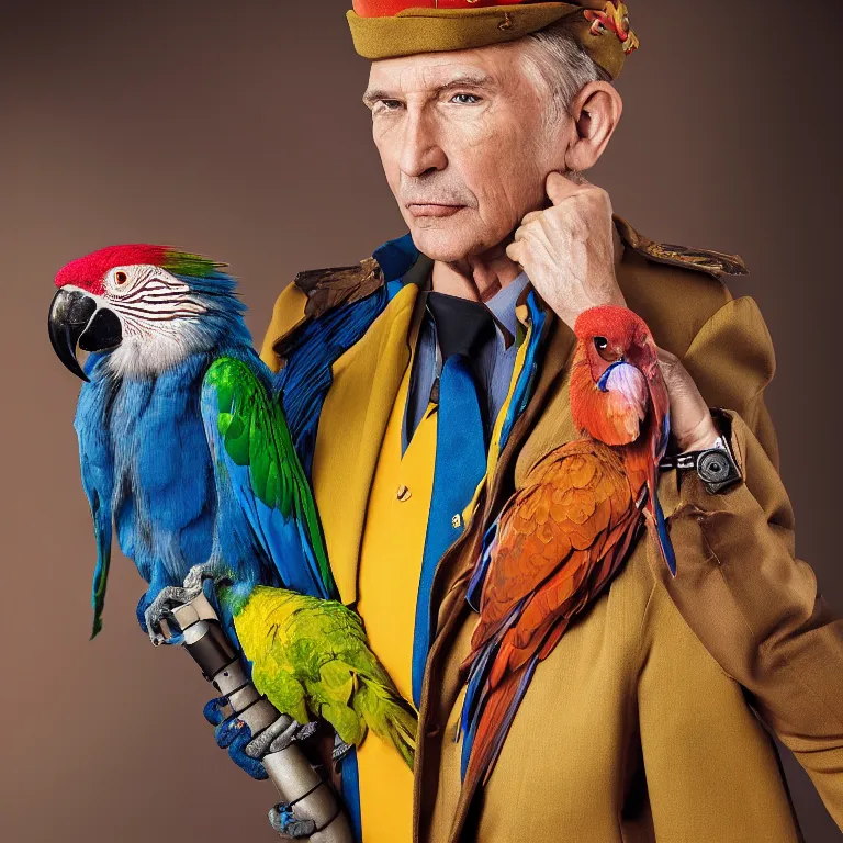 Image similar to high fashion photoshoot octane render portrait by wayne barlow and carlo crivelli and glenn fabry, a distinguished actor wearing a colorful wes anderson designed uniform and holding a macaw inside a high - end exotic colorful pastel vintage boutique hotel lounge, very short depth of field, bokeh