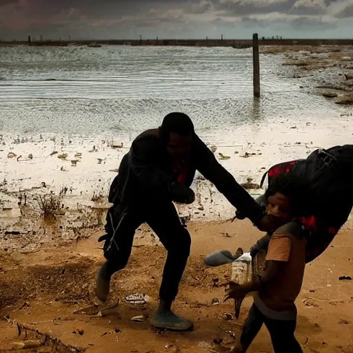 Image similar to Realistic cinematic views of a migrant crisis created through climate change