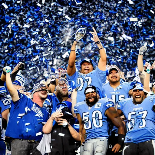 Prompt: detroit lions win the lombardi trophy, confetti, 8 k sports photography