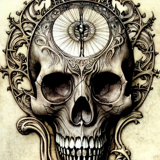 Image similar to memento mori by arthur rackham, detailed, art nouveau, gothic, ornately carved beautiful skull dominant, intricately carved antique bone, art nouveau botanicals, ornamental bone carvings, art forms of nature by ernst haeckel, horizontal symmetry, arthur rackham, ernst haeckel