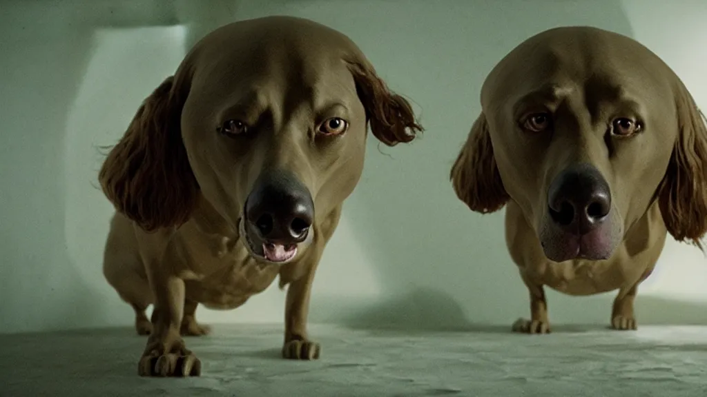 Image similar to the strange dog in the attic, made of wax and water, film still from the movie directed by Denis Villeneuve with art direction by Salvador Dalí, wide lens