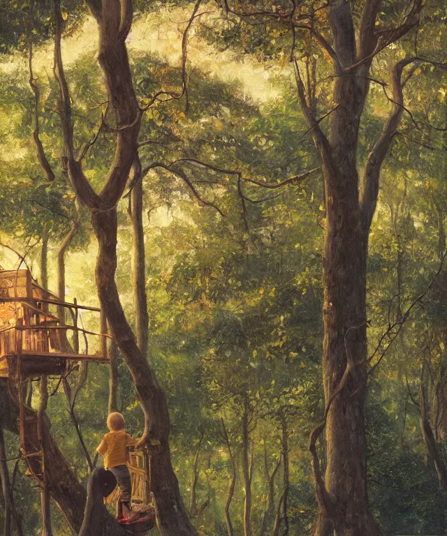 Image similar to masterful oil on canvas painting, eye - level view, shot from 5 0 feet distance, of a kid playing in a treehouse. in the background is a whimsical forest. golden hour, detailed, depth, volume, chiaroscuro, quiet intensity, vivid color palette.