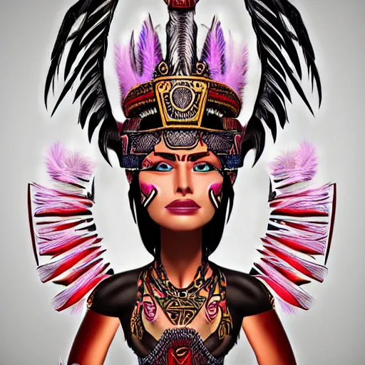 Image similar to character design, aztec warrior goddess with beautiful woman face, crown of very long feathers, full body, glowing aztec tattoos, beautiful, dark fantasy,