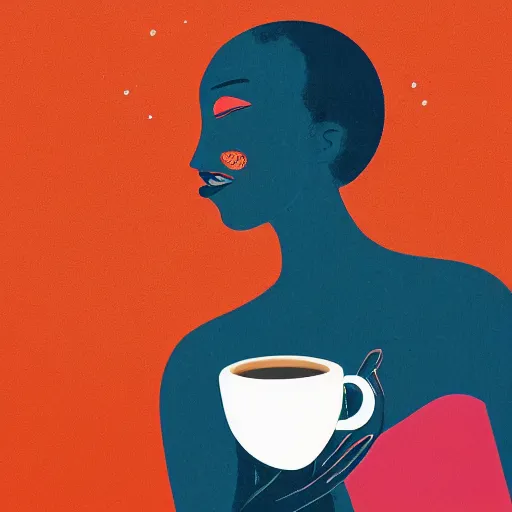 Image similar to illustration of a pretty girl having a cup of coffee, happy feeling, waking up, by malika favre and victo ngai