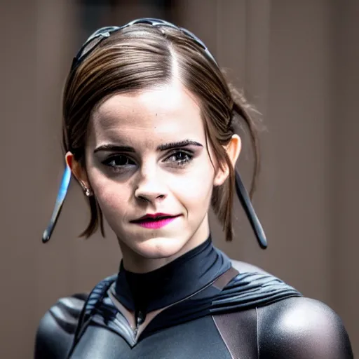 Image similar to Emma Watson as Catwoman, Fujifilm X-T3, 1/1250s at f/2.8, ISO 160, 84mm, 8K, RAW, symmetrical balance, Dolby Vision, HDR, Gigapixel