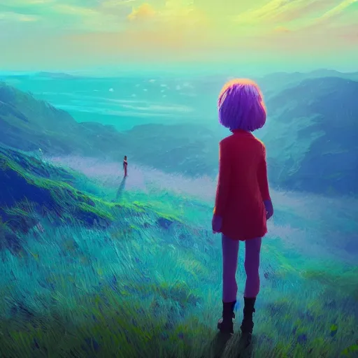 Image similar to closeup, giant flower head, girl standing on cliff, surreal photography, sunrise, blue sky, dramatic light, impressionist painting, digital painting, artstation, simon stalenhag