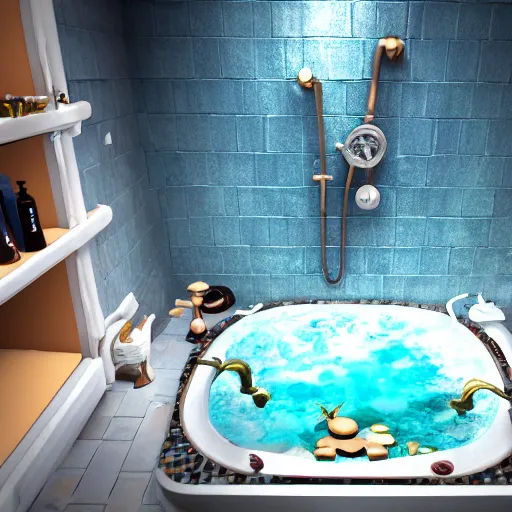 Image similar to in a bathroom looking down at a bath tub full of water with a pirate ship battle in the tub, highly detailed, cinematic lighting, render, fantasy