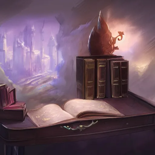 Prompt: concept art of a magic story book on a vintage desk. the space around it is dark. artstation, digital art, cutscene graphic, oil painting, fantasy