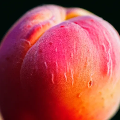 Image similar to a macro photo of a round peach's dry hairy skin, hyper realistic, hyper detailed, 35mm, very grainy film, pink volumetric studio lighting, bokeh, black background award winning shot, vogue magazine, cinematic, 8k, very closeup, elegant, tender, pastel