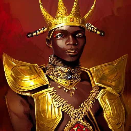 Image similar to a young black boy dressed like an african moorish warrior in gold armor and a crown with a ruby, and a very ornate glowing scimtar, for honor character digital illustration portrait design, by android jones in a psychedelic fantasy style, dramatic lighting, hero pose, wide angle dynamic portrait