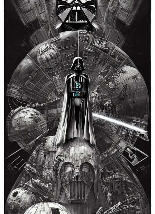 Image similar to side shot of platonic ideal star wars, malignant dieselpunk and god complex dementor wild hunt chtulu nazgul mandelbulb fantasy, ego death, detailed, darth vader, intricate, volumetric lighting, hyperrealism, intense, scary, decay, artgerm, davinci, ralph mcquarrie, alphonse mucha, empire symbol,