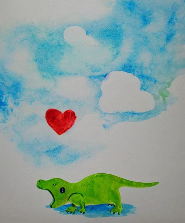 Image similar to a cute little dinosaur, water painting, heart - shaped clouds