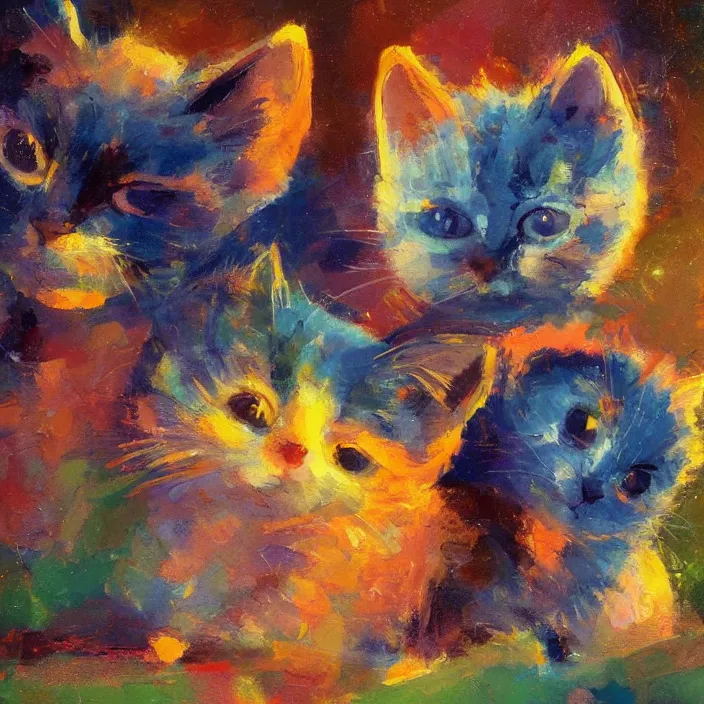 Image similar to colourful painting of two cute little kitties, art in paul lehr and charles camoin style, close shot, bright, evening, soft lighting, focus, masterpiece art