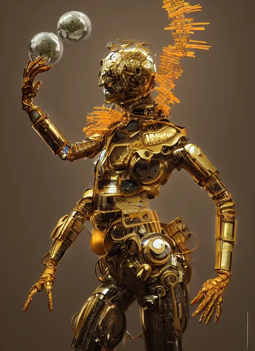 Prompt: portrait of a futuristic geisha cyborg with golden body armor holding a ecosphere with a plant inside, modern fine art, fractal, intricate, elegant, highly detailed, digital photography, subsurface scattering, by jheronimus bosch and greg rutkowski,