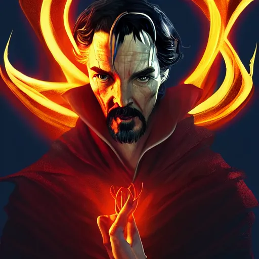 Image similar to Portrait of evil Dr Strange performing a satanic ritual, elegant, digital painting, highly detailed, fantasy, artstation, concept art, smooth, sharp focus