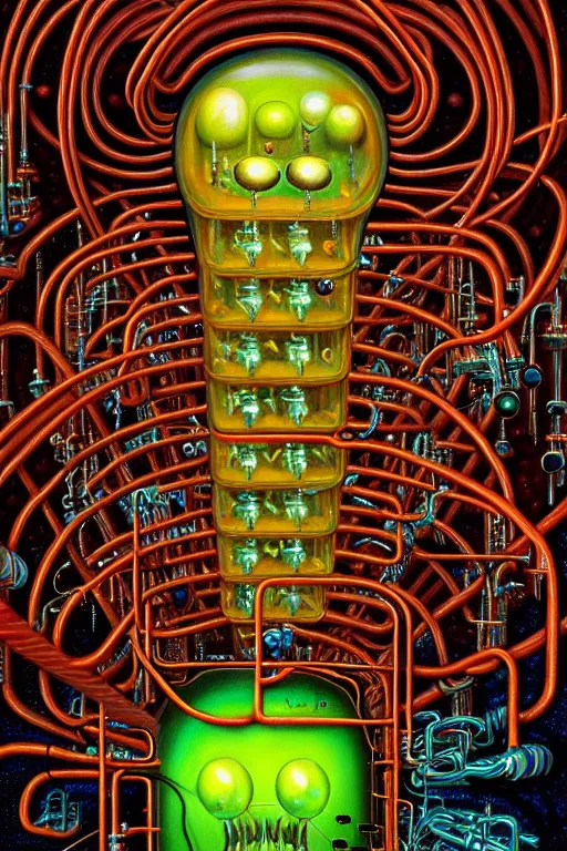 Image similar to a photorealistic painting of the transparent jelly blob nightmare industrial horror machine electronic chemistry by johfra bosschart, lisa frank, dark fantasy art, high detail, trending on artstation