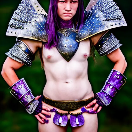 Prompt: photo of a real-life beautiful female warrior with amethyst encrusted armour