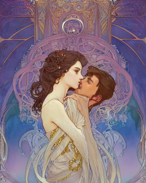 Prompt: the embrace | highly detailed | very intricate | art nouveau | gold filigree | romantic storybook fantasy | soft cinematic lighting | award - winning | disney concept art watercolor illustration by mandy jurgens and alphonse mucha and alena aenami | pastel color palette | featured on artstation