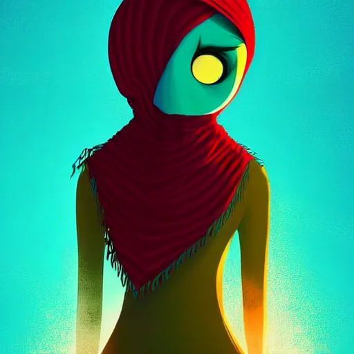 Prompt: curled perspective digital art of woman with keffiyeh covered face by anton fadeev from nightmare before christmas