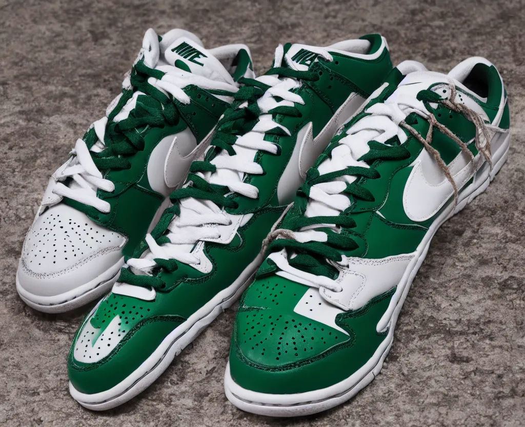 Image similar to a press photograph of nike dunk low pine green and white, size 1 0, white background