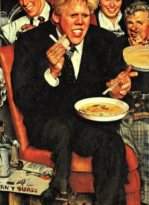 Image similar to gary busey spills his soup, by norman rockwell and tom lovell and frank schoonover and dean cornwell