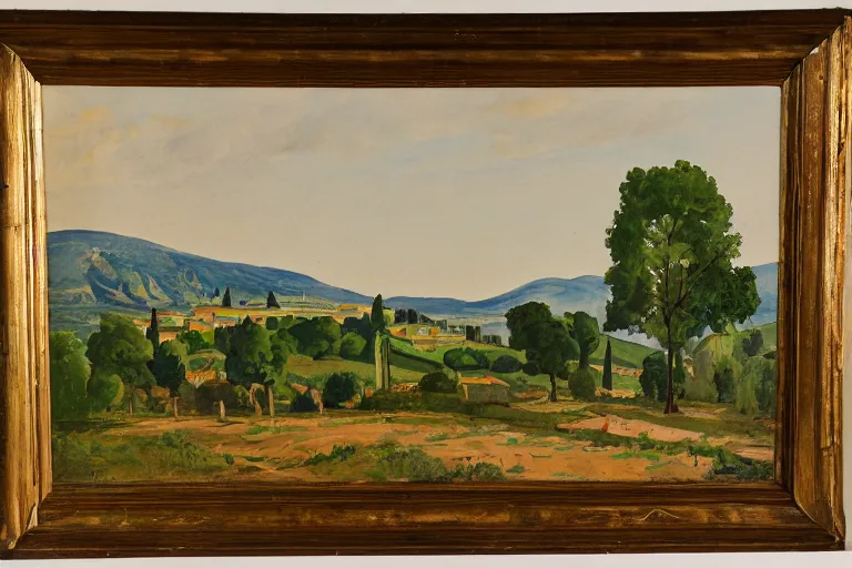 Image similar to Masterpiece of a large Provence landscape, country side and small town, gouache, by Jean Hugo