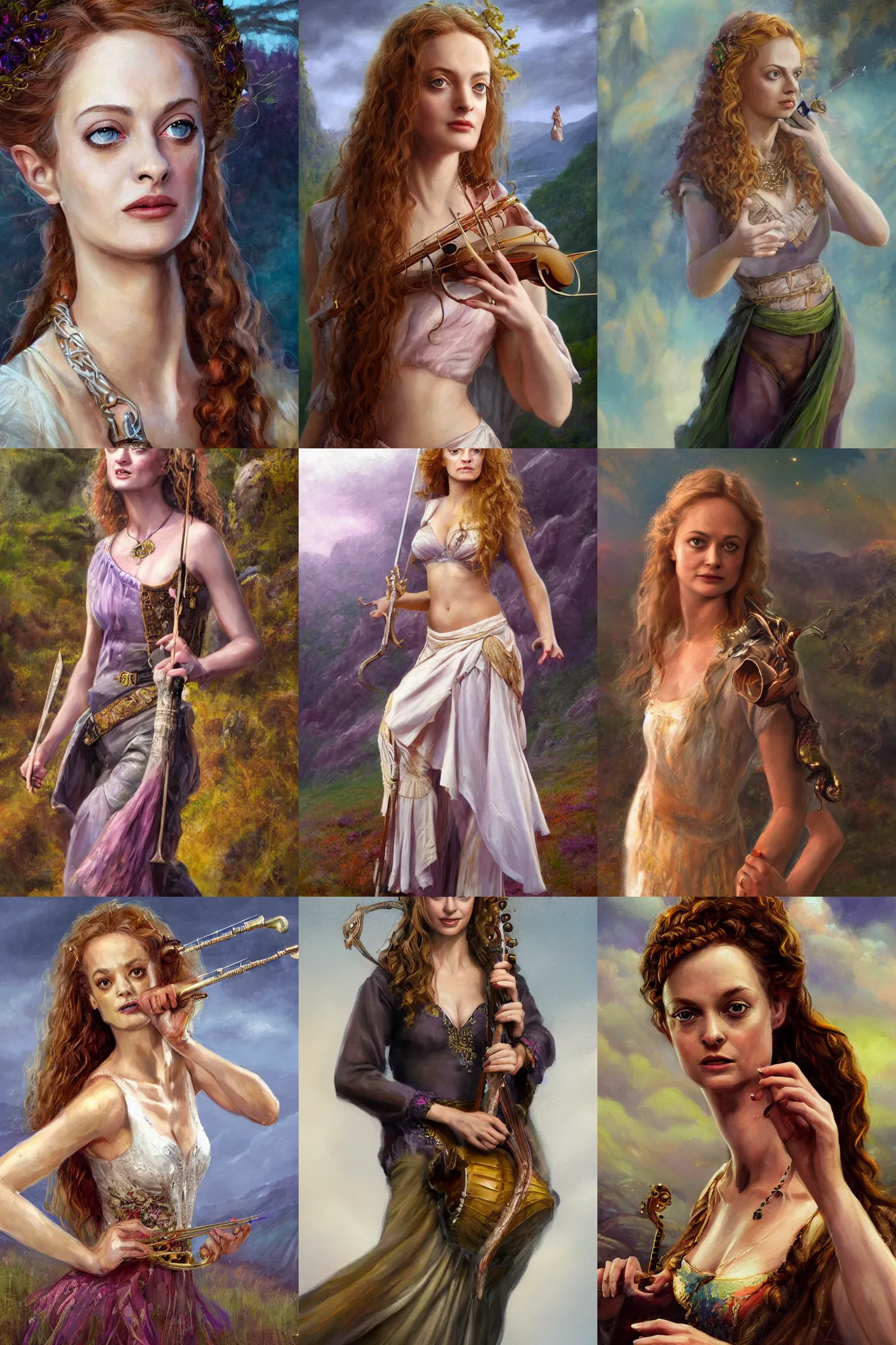 Prompt: a full body high detail fantasy portrait oil painting illustration of young heather graham as a beautiful sophisticated singing bard woman by justin sweet with face and body clearly visible, in a scenic background, pupils visible, realistic proportions, d & d, rpg, forgotten realms, artstation trending, high quality, sombre mood, artstation trending, muted colours, entire person visible!