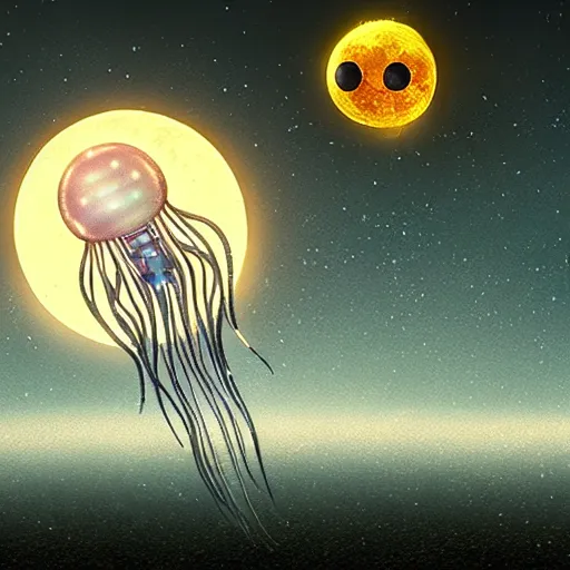 Prompt: a cybernetic jellyfish enveloping the moon, highly detailed, cinematic, stars in the background