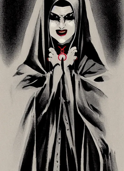 Image similar to scary female vampire nun, symmetrical face, evil grin, nun outfit, portrait size, cinematic, dramatic, super detailed and intricate, by koson ohara, by darwyn cooke, by greg rutkowski, by satoshi kon