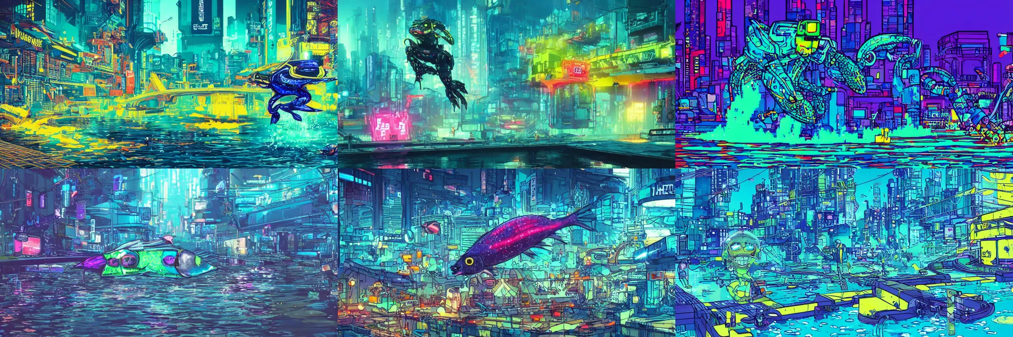 Prompt: Cybernetic fish jumping out of a river of fluorescent blue battery acid in a cyberpunk city