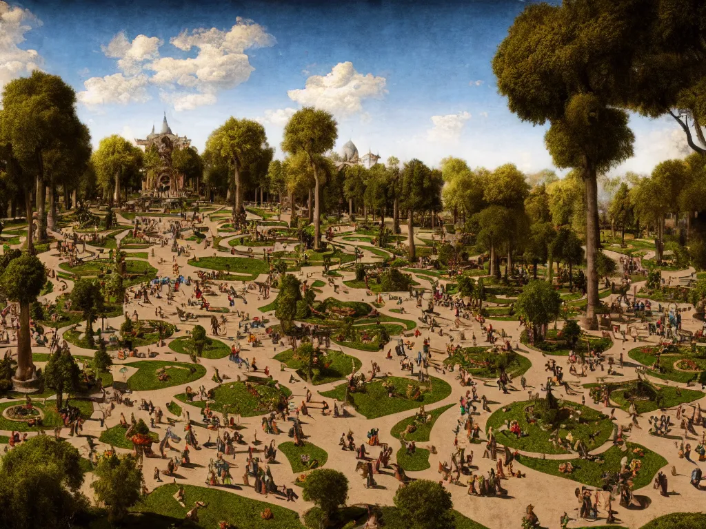 Image similar to a busy elaborate ornate outdoor park designed by leonardo da vinci, cinematic, shadows, partly cloudy day, 4 k, detailed, by