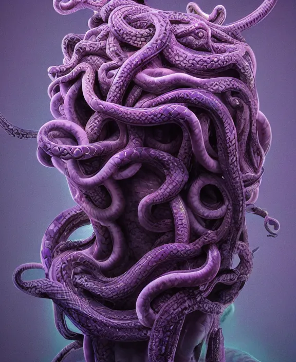 Image similar to beautiful medusa head highly detailed snakes, cosmic horror, abstract, ghostly, arcade, duotone, poltergeist, epic lighting, intricate, elegant, highly detailed, smooth, sharp focus, photo real, ultra realistic, unreal engine 5, raytracing, in the style of beeple and mike winkelmann, ultraviolet colors