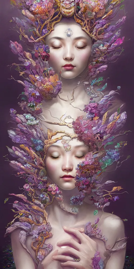 Image similar to breathtaking detailed concept art painting art deco portrait of gaea the goddess amalgamation flowers made of crystals, by hsiao - ron cheng, bizarre compositions, exquisite detail, extremely moody lighting, 8 k