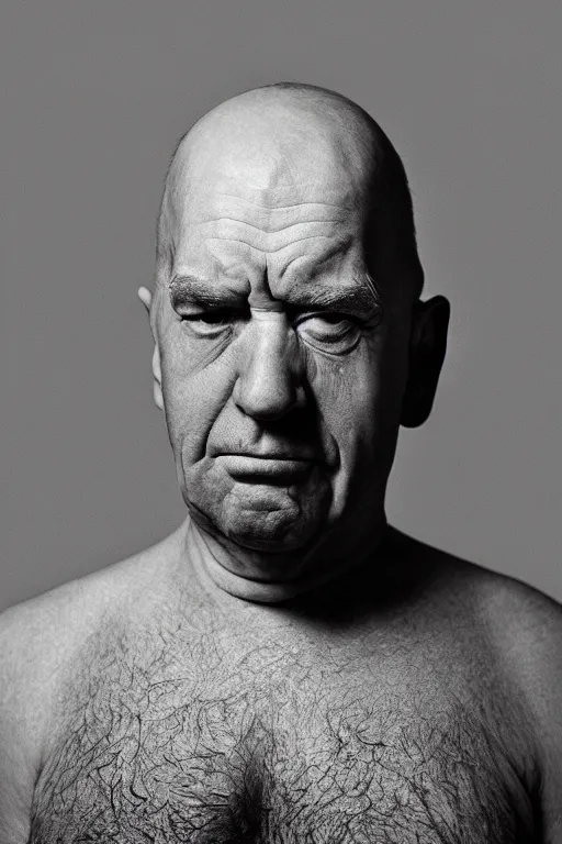 Prompt: extremely detailed studio portrait of man, 4 0 years, homer simpson lookalike, looks like a real life version of homer simpson, soft light, black background, fine skin details, award winning photo by yousuf karsh