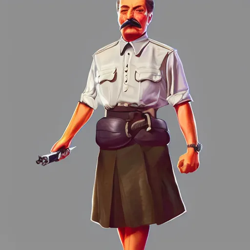 Image similar to detailed portrait of iosif stalin in a skirt, huperrelostic, 8 k tranding artstation, digital concept, diselpank art, sharp focus, illustration, art by artgerm and greg rutkowskii