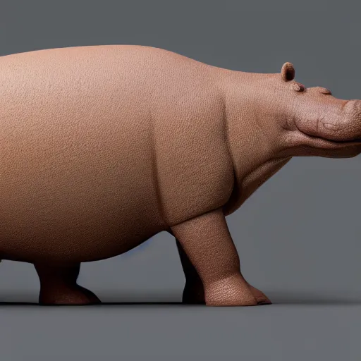 Image similar to side view of a simplified hippo figurine ( made of wood )!!!! and centered on a white to grey gradient background, wood grain, photorealistic, hyperrealistic, influenced by pixar, 8 k hd, octane render, unreal engine, featured on cgsociety