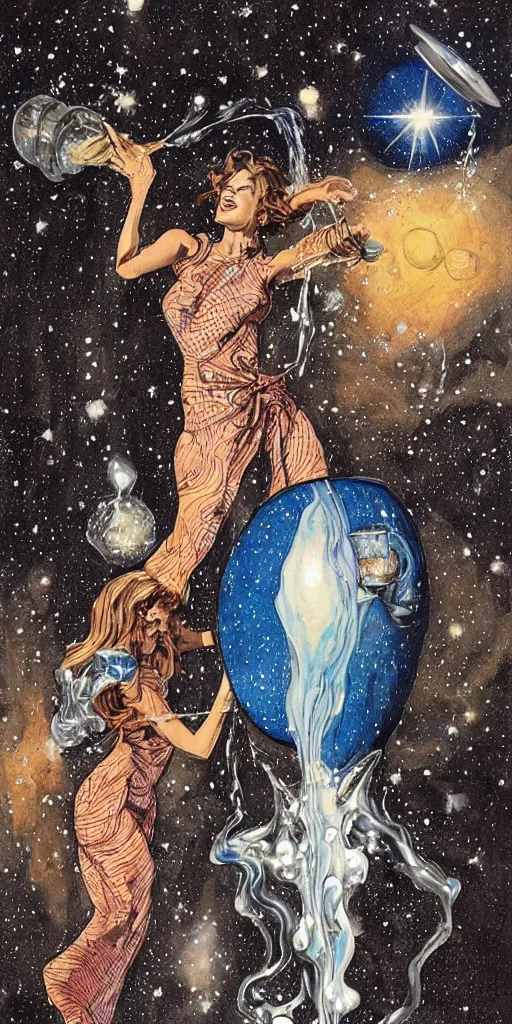 Prompt: a woman in a dress made of outer space pouring water from a vase into the milky way, by joe madura, by art adams.