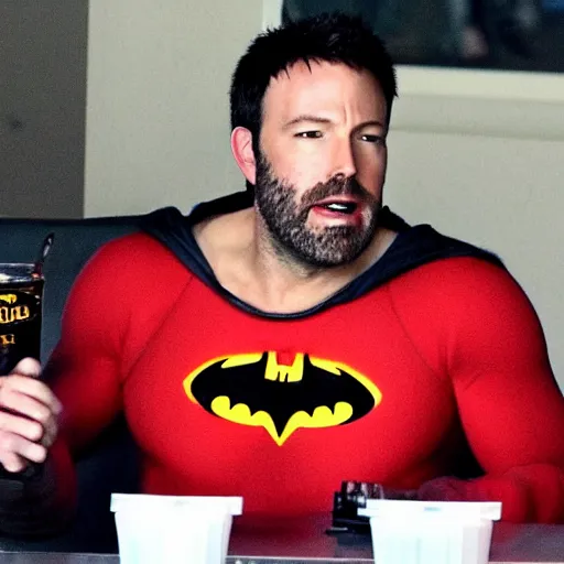 Image similar to A photo of Ben Affleck's Batman eating at KFC. Extremely detailed. 4K