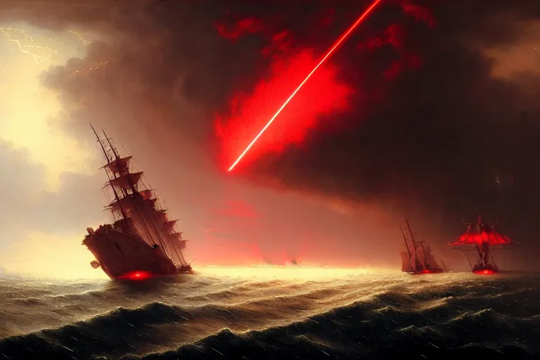 Prompt: A beautiful matte painting of huge spherical alien spaceship attacking with powerful red lasers a Sailship in ocean in thunderstorm by Greg Rutkowski and Ivan aivazovsky