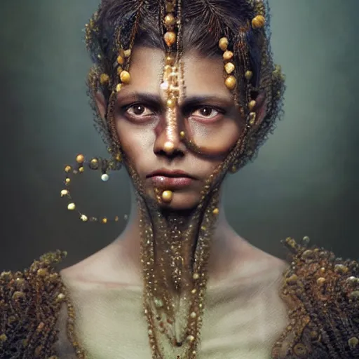 Prompt: a close - up shot of a brown woman wearing a luminous armor made of jelly fishes. soft lighting. fragile. haunting eyes!! coherent face!! no makeup!! muted colors. by ray caesar. by louise dahl - wolfe. by andrea kowch. surreal photography