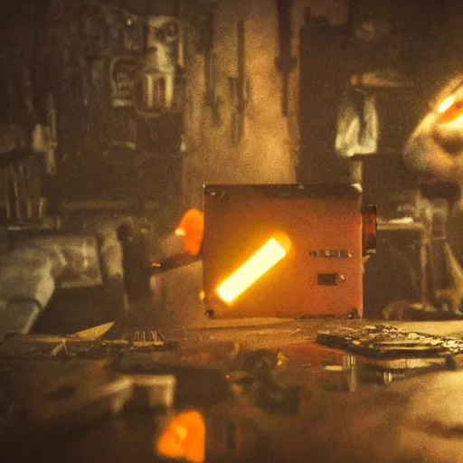 Prompt: augmented human repairing old yellow casette deck, dark messy smoke - filled cluttered workshop, sparks, dark, dramatic lighting, orange tint, cinematic, highly detailed, sci - fi, futuristic, movie still from blade runner