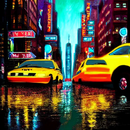 Image similar to « a man walking in a night raining streets, new york, big city, taxi, cars, shops one the side with neons, digital art, highly detailed »