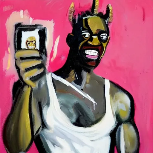 Image similar to A mirror selfie of a black handsome muscular man with white angel wings and black devil horns holding an iPhone, pitchfork, full body, pink background, abstract jean-Michel Basquiat!!!!!!!! oil painting with thick paint strokes!!!!!!!!, oil on canvas, aesthetic, y2k!!!!!!, intricately!!!!!!!! detailed artwork!!!!!!!, trending on artstation, in the style of jean-Michel Basquiat!!!!!!!!!!!!, by jean-Michel Basquiat!!!!!!!!!!!, in the style of jean-Michel Basquiat!!!!!!!!!!!, in the style of jean-Michel Basquiat!!!!!!!!!!!, in the style of jean-Michel Basquiat!!!!!!!!!!!, in the style of jean-Michel Basquiat!!!!!!!!!!!, in the style of jean-Michel Basquiat!!!!!!!!!!!