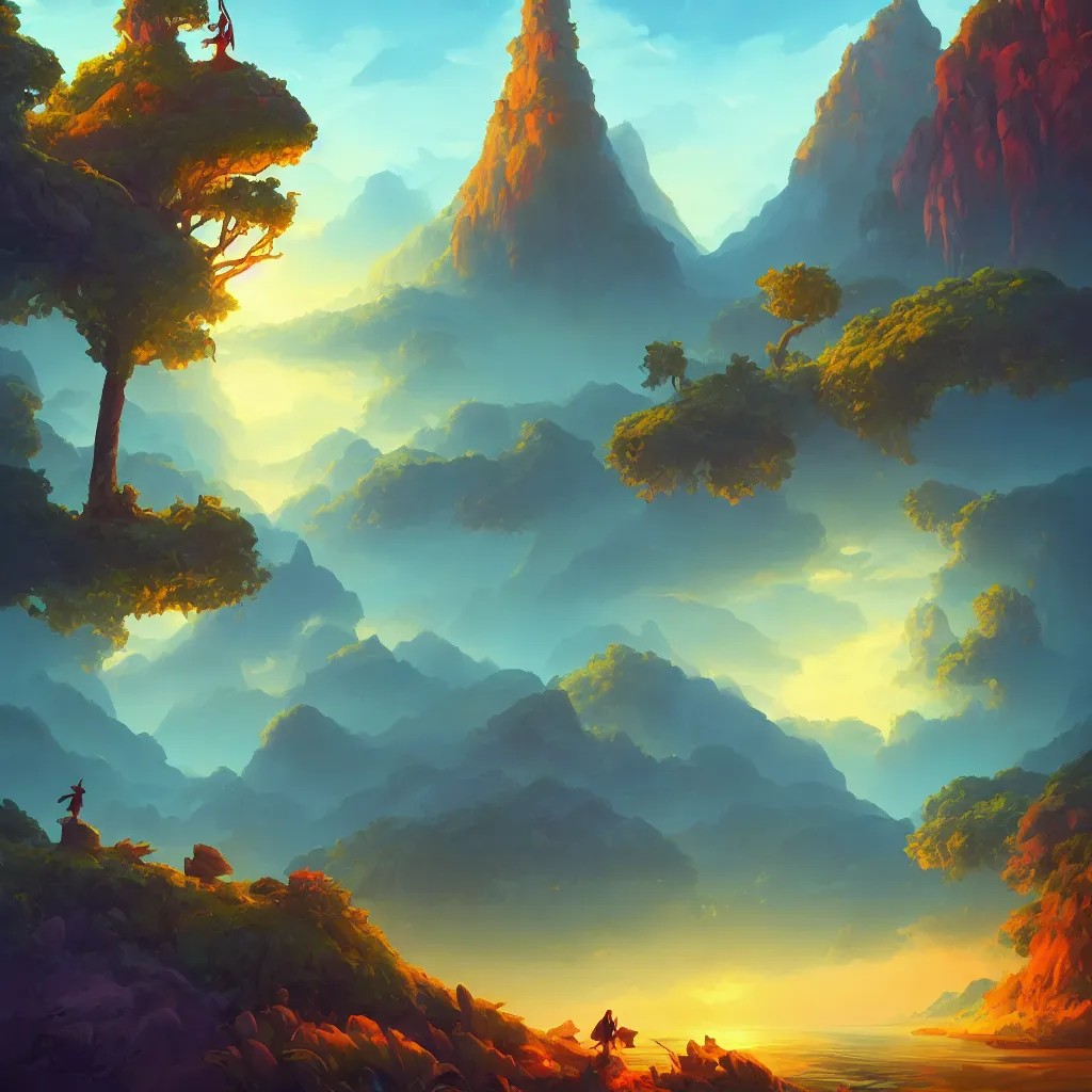 Prompt: enchanted island landscape in the style of riven and myst by rhads and jesper ejsing. vivid color, highly detailed, mystical, digital painting, artstation, concept art, matte, sharp focus.