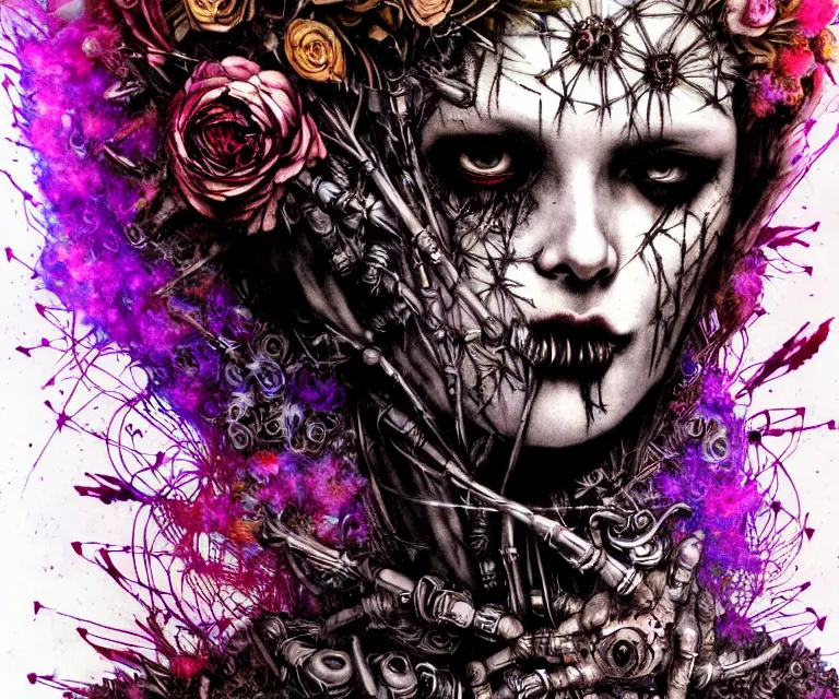 Image similar to gothic mute hybrid cyborg warrior girl of flowers, cybor clothes shaping love!, freedom fighter, eerie, cinematic, epic, 8 k, ultra realistic,. | a psychedelic, illustration by albrecht durer, concept art in style of carne griffiths artwork by xsullo. | backround of beautiful floweres floatingby elson, peter kemp, peter