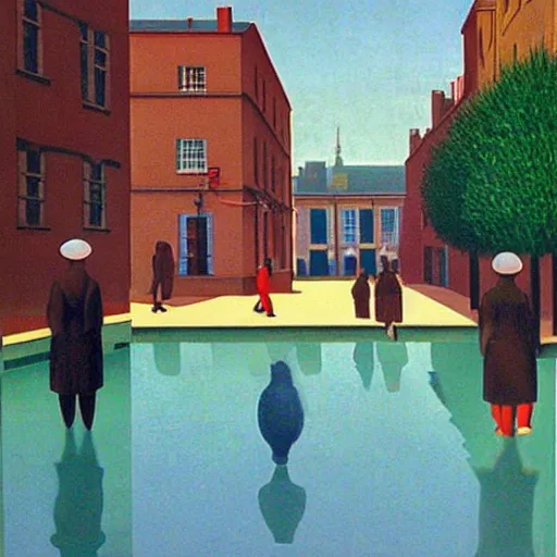 Prompt: people splashing water in city street, sunny, painted by Rene Magritte