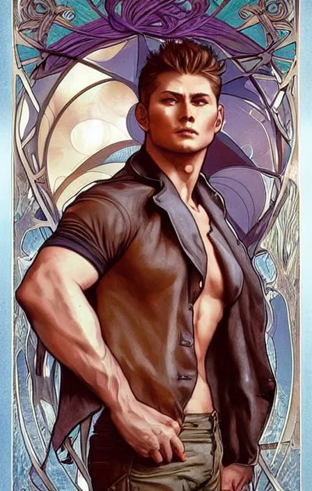 Prompt: pretty muscular dean winchester as a character in romance book art design, character concept, sharp focus!, ultra detailed, art by artgerm alphonse mucha, wlop