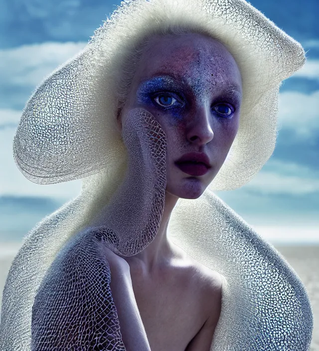 Image similar to photography face portrait of one stunning woman in white beach ocean, dress by iris van herpen, creative colorfull - makeup, curly hair style halflong, photography by paolo roversi nick knight, helmut newton, avedon, and araki, sky forest background, natural pose, highly detailed, skin grain detail