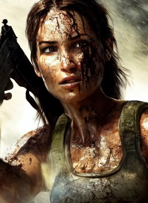 Image similar to a film still of lara croft as swat cop, her face muddy and sweat, direct sun light, close up potrait, cinematic,