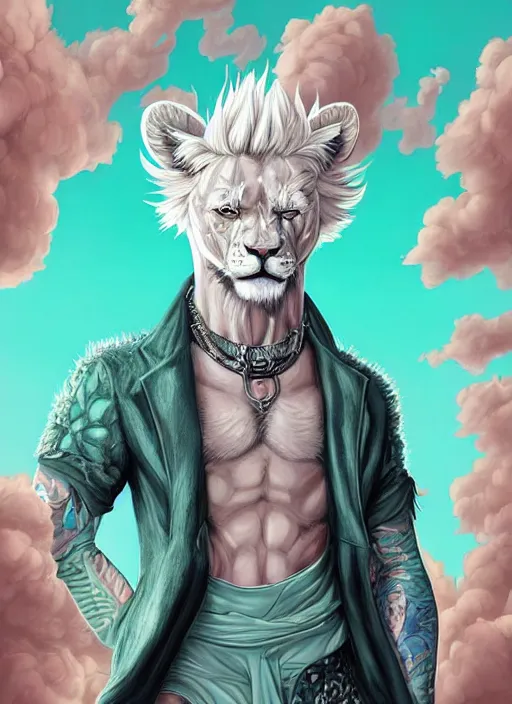 Prompt: aesthetic portrait commission of a of a male fully furry muscular anthro albino lion with a tail and a beautiful attractive hyperdetailed face wearing stylish and creative mint outfit made out of silk in a sci - fi dystopian city at golden hour while it storms in the background. character design by dayer, diego 5, detailed, inked, western comic book art, award winning film poster painting